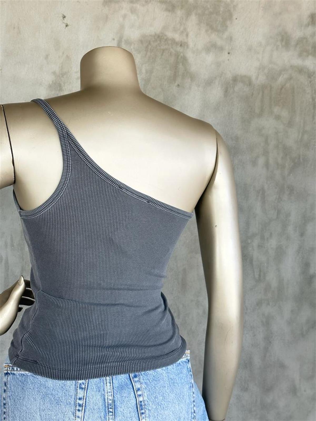 Yıkamalı Asimetrik Kesim Dilvin Crop Top (Lacivert/Antrasit)