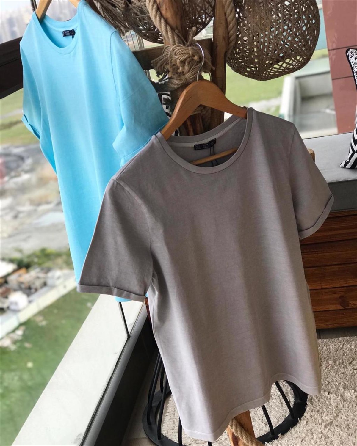 Yıkamalı Kumaş Kolları Duble Katlamalı Basic Tshirt  (GRİ & MAVİ)