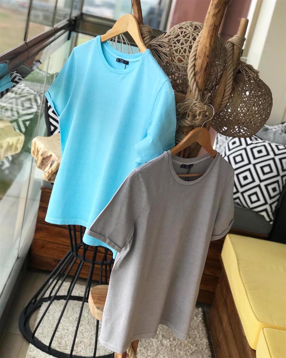 Yıkamalı Kumaş Kolları Duble Katlamalı Basic Tshirt  (GRİ & MAVİ)