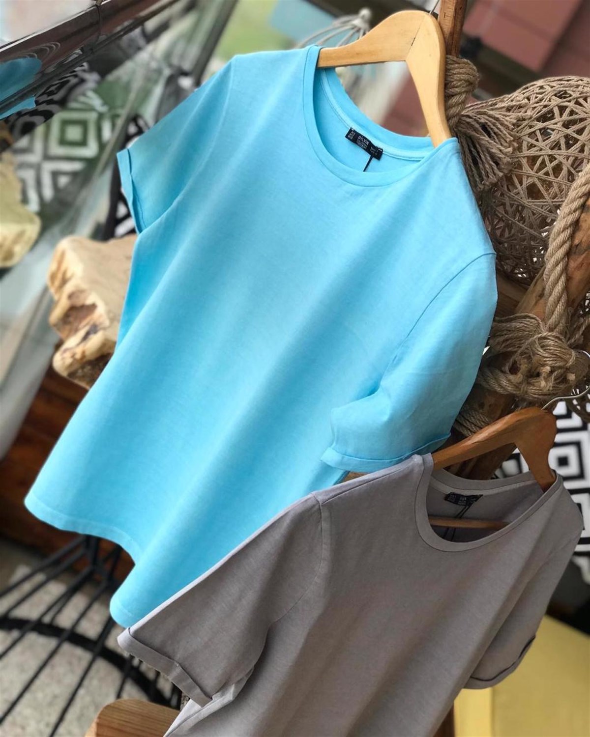 Yıkamalı Kumaş Kolları Duble Katlamalı Basic Tshirt  (GRİ & MAVİ)