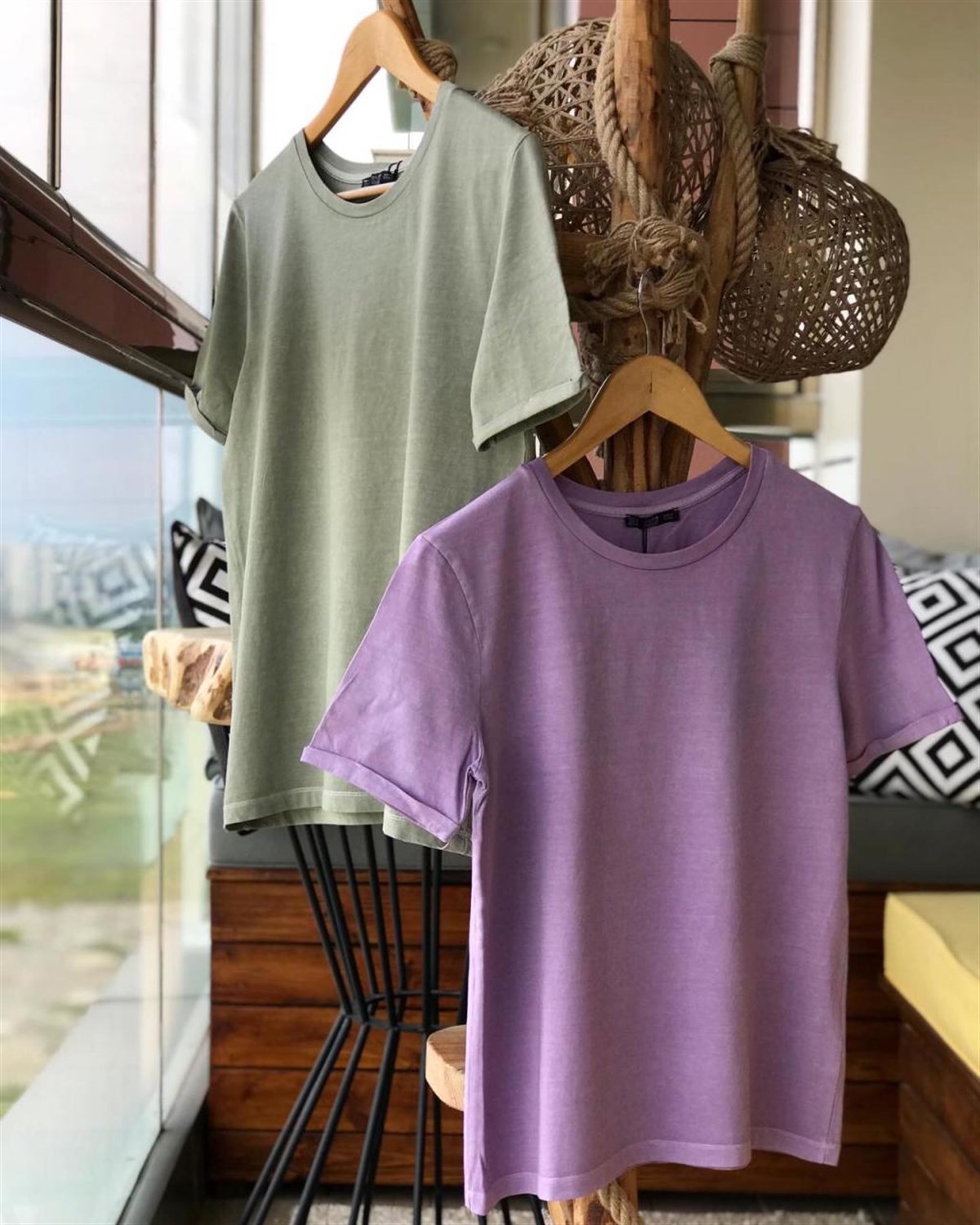 Yıkamalı Kumaş Kolları Duble Katlamalı Basic Tshirt  ( HAKİ & LİLA)