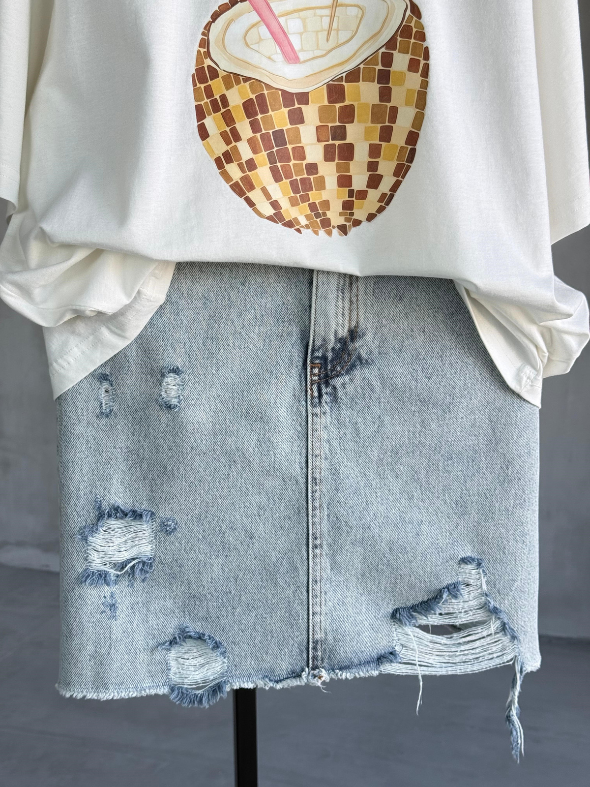 Yıkamalı Yırtık Detay Denim Etek (Buz Mavisi)