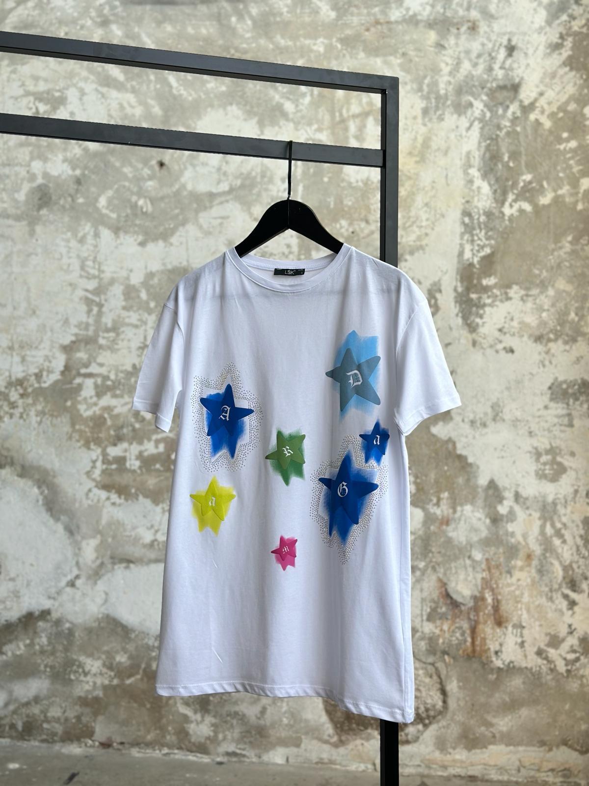 Yıldız Baskılı ve Taş İşçilikli T-Shirt (Beyaz)