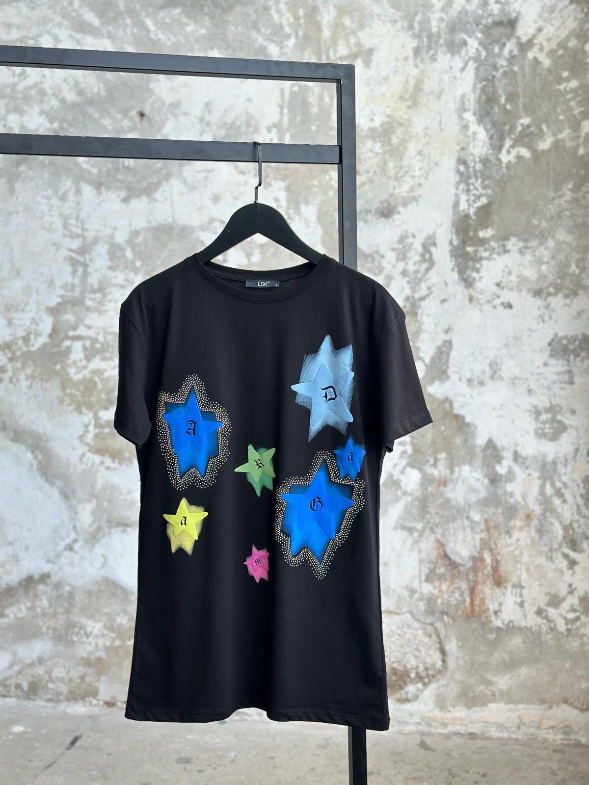 Yıldız Baskılı ve Taş İşçilikli T-Shirt (Siyah)