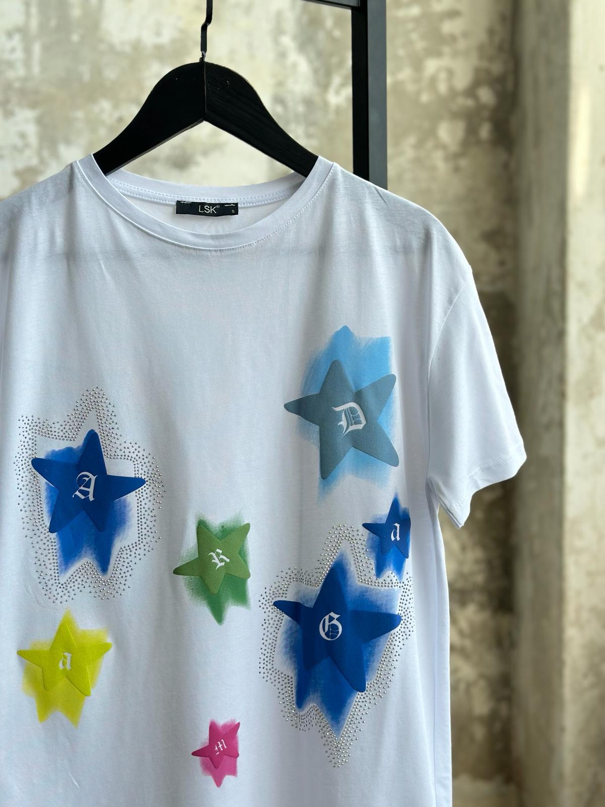 Yıldız Baskılı ve Taş İşçilikli T-Shirt (Beyaz)