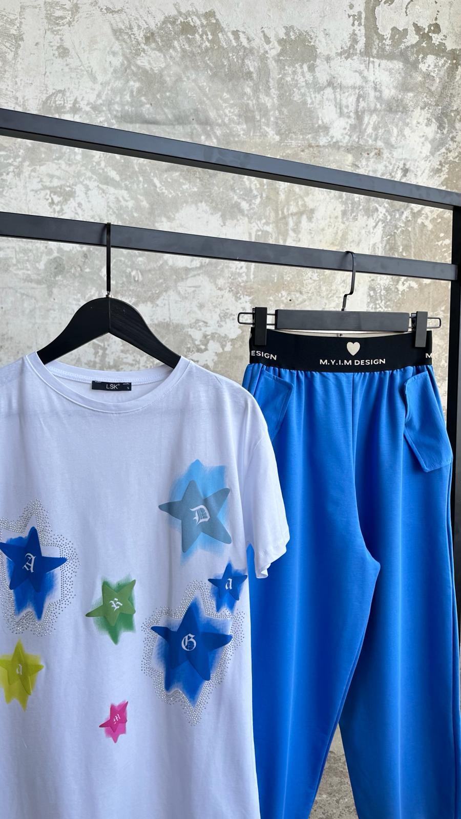 Yıldız Baskılı ve Taş İşçilikli T-Shirt (Beyaz)