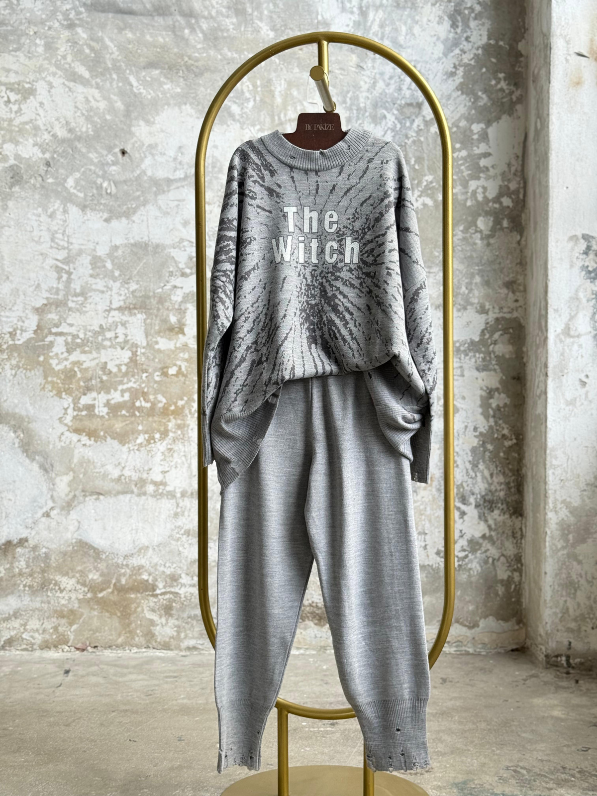 Yırtık Detaylı Oversize Triko Takım (Gri)