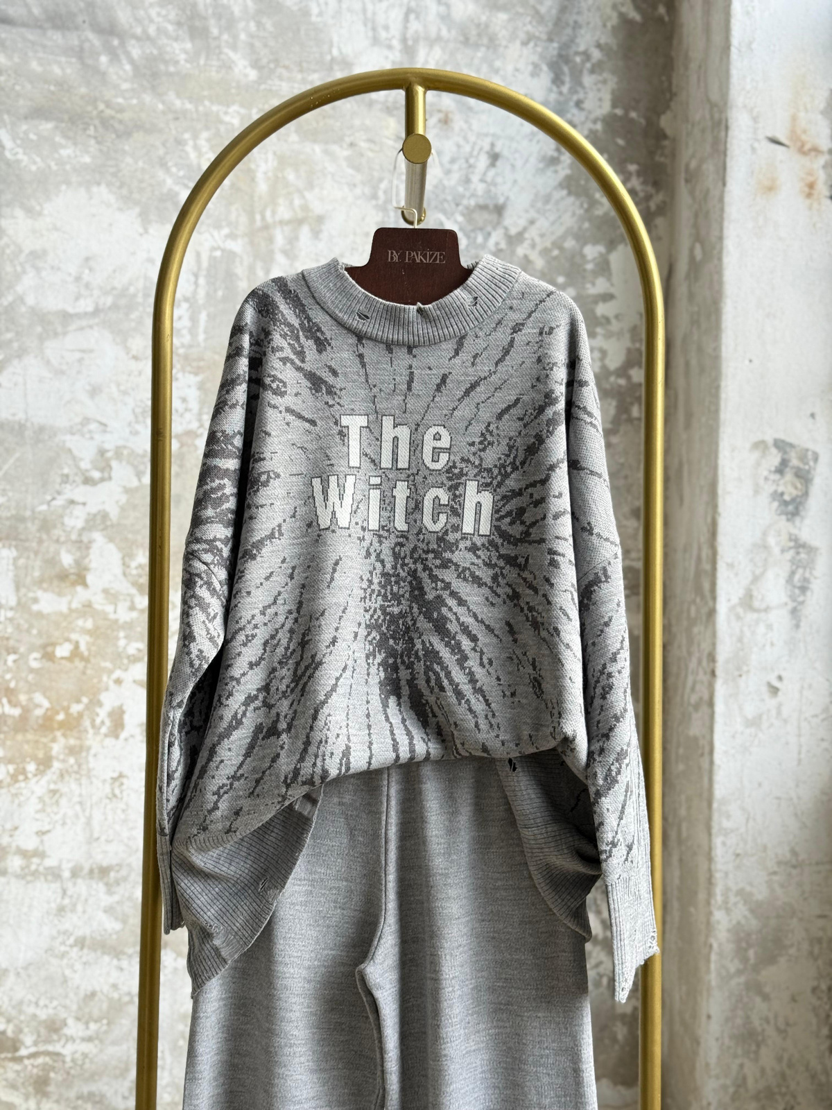 Yırtık Detaylı Oversize Triko Takım (Gri)
