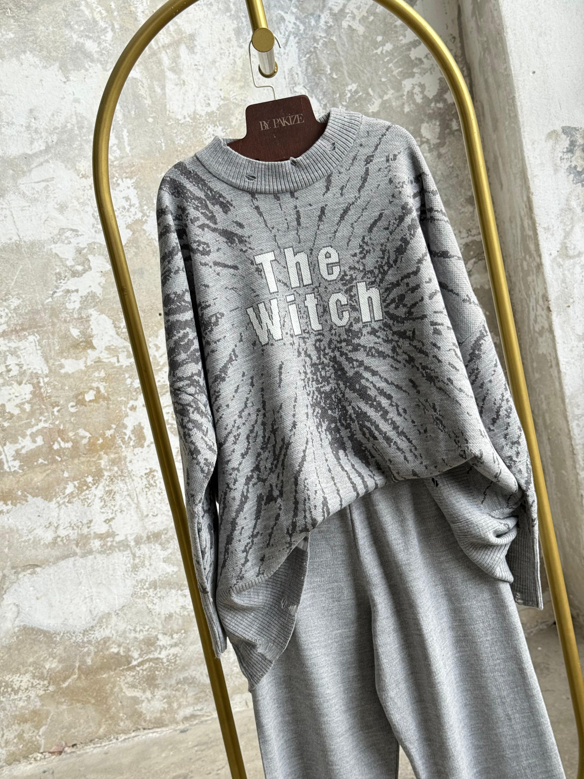 Yırtık Detaylı Oversize Triko Takım (Gri)