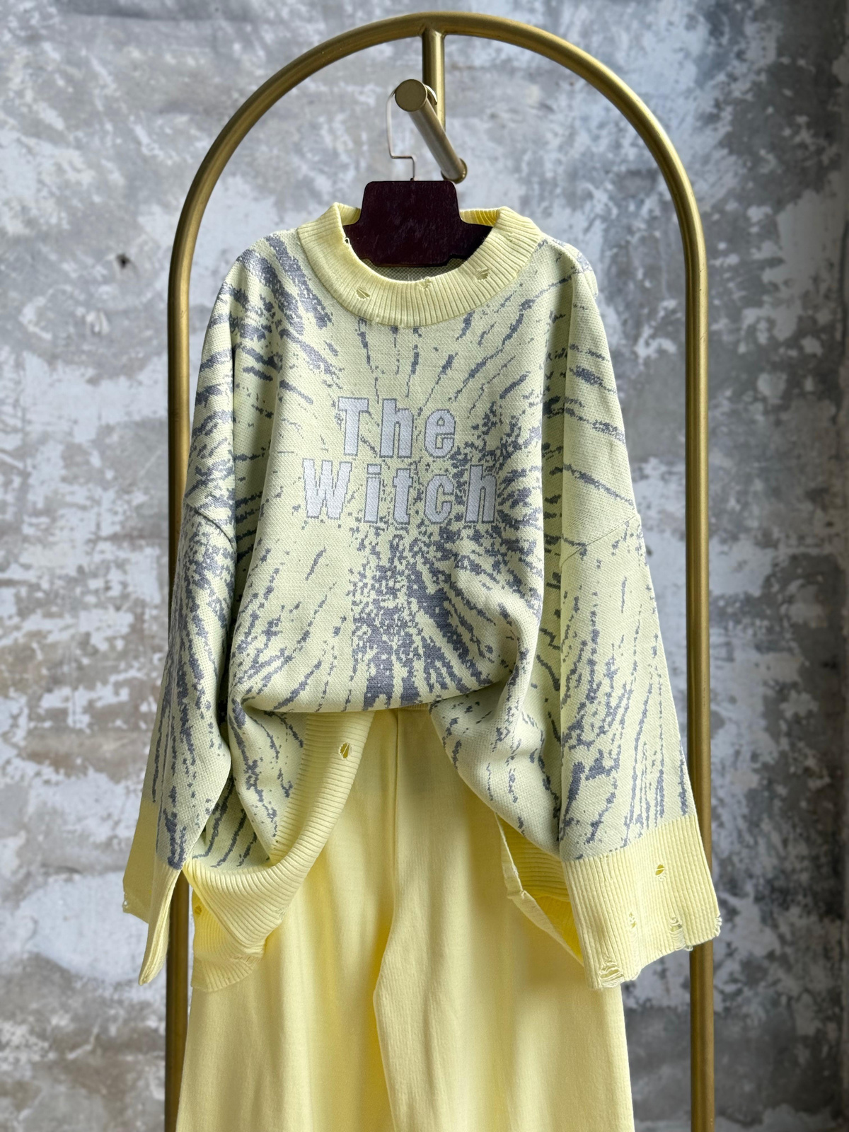 Yırtık Detaylı Oversize Triko Takım (Limon Sarısı)