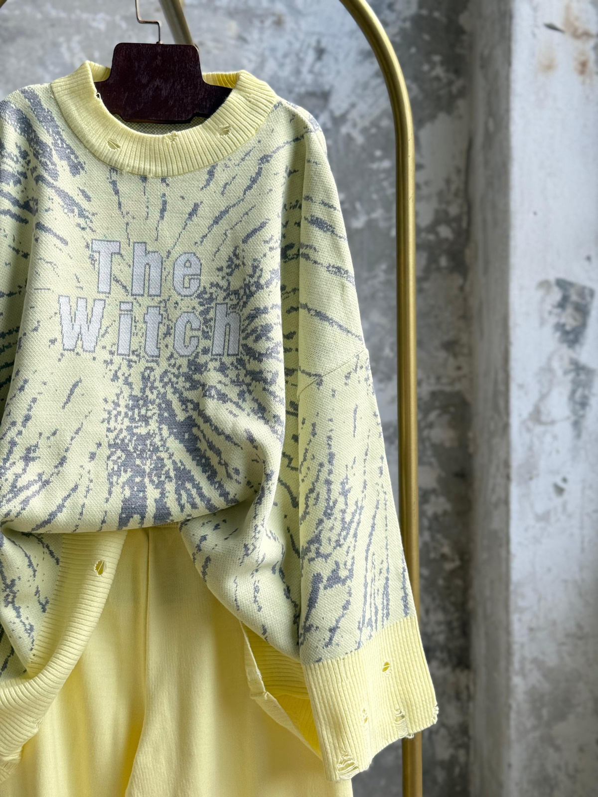Yırtık Detaylı Oversize Triko Takım (Limon Sarısı)