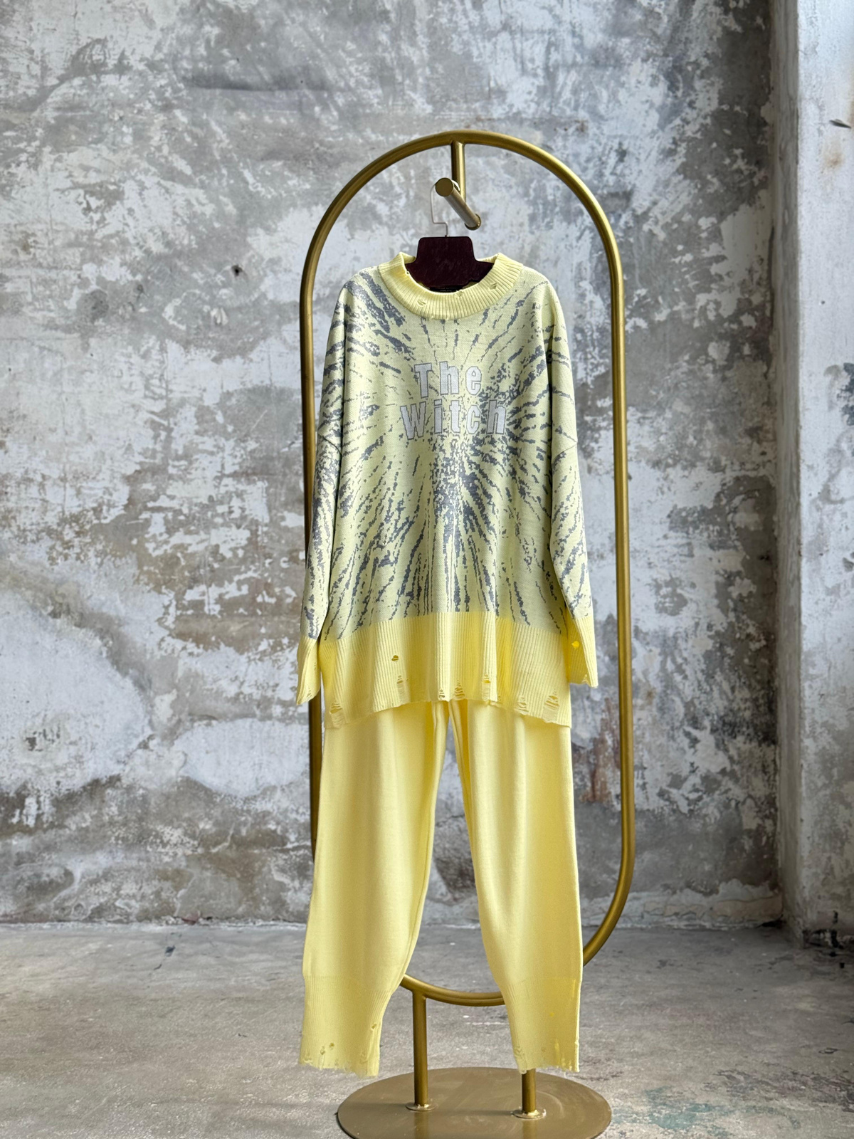 Yırtık Detaylı Oversize Triko Takım (Limon Sarısı)