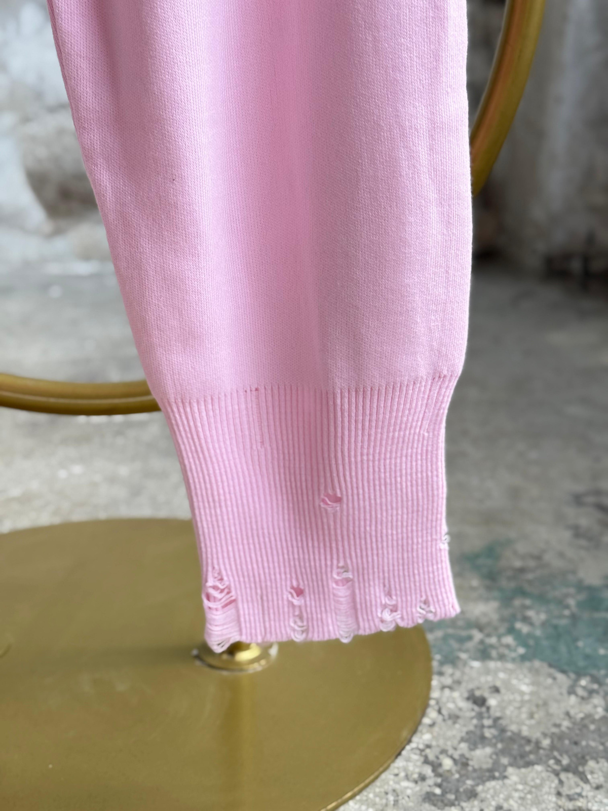 Yırtık Detaylı Oversize Triko Takım (Şeker Pembesi)