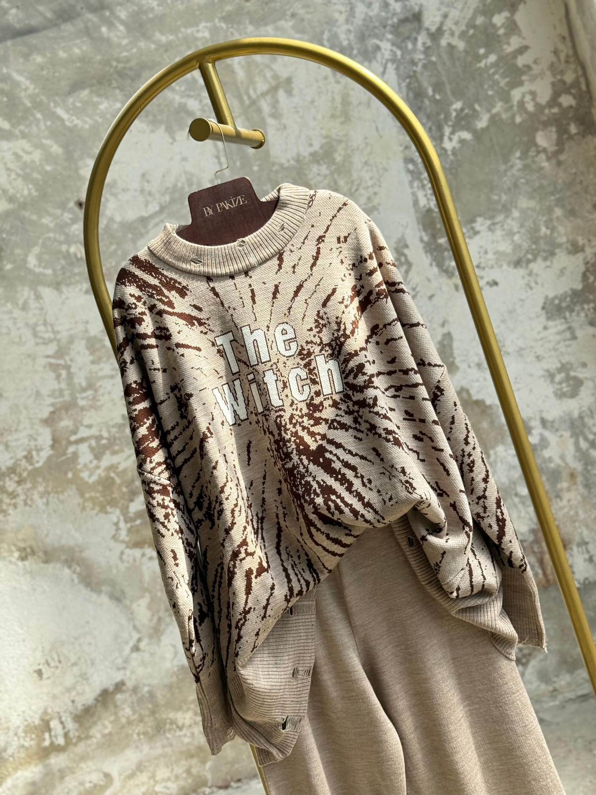 Yırtık Detaylı Oversize Triko Takım (Vizon)