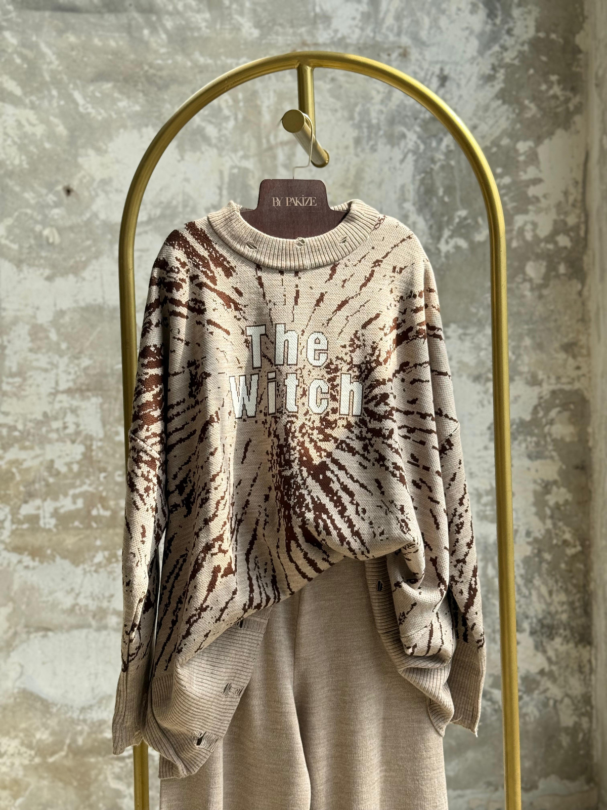 Yırtık Detaylı Oversize Triko Takım (Vizon)