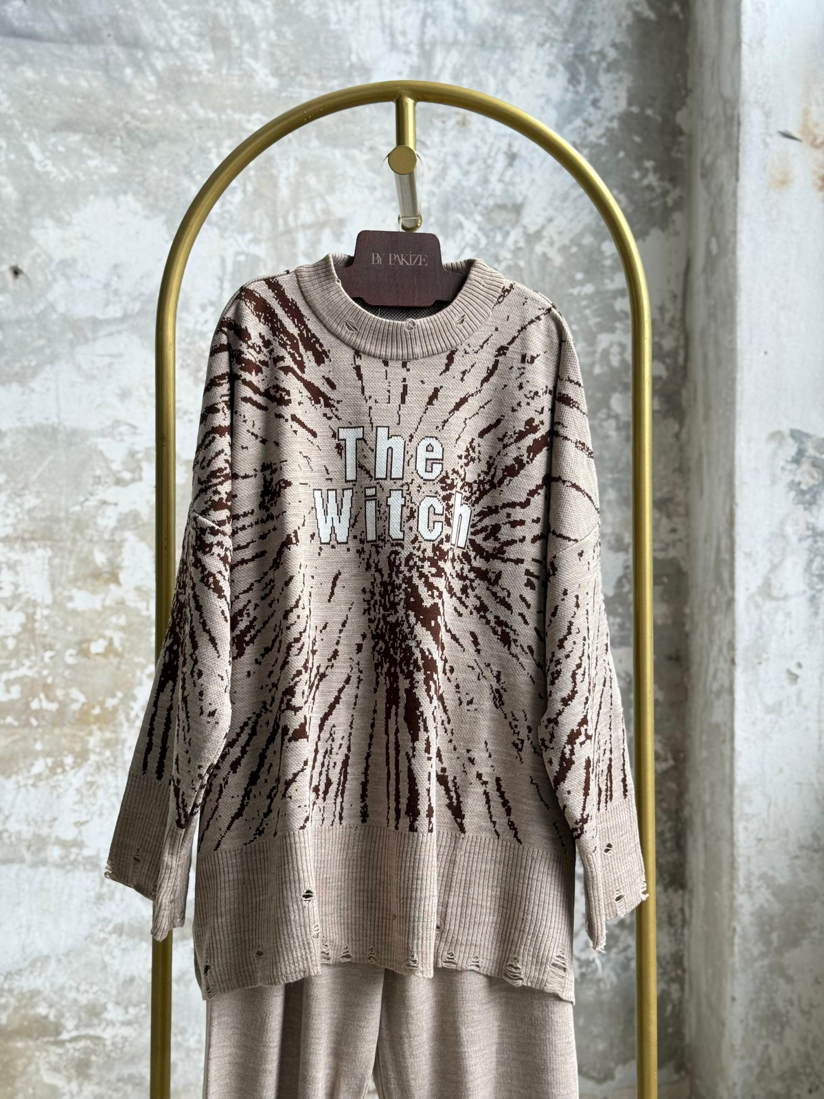 Yırtık Detaylı Oversize Triko Takım (Vizon)