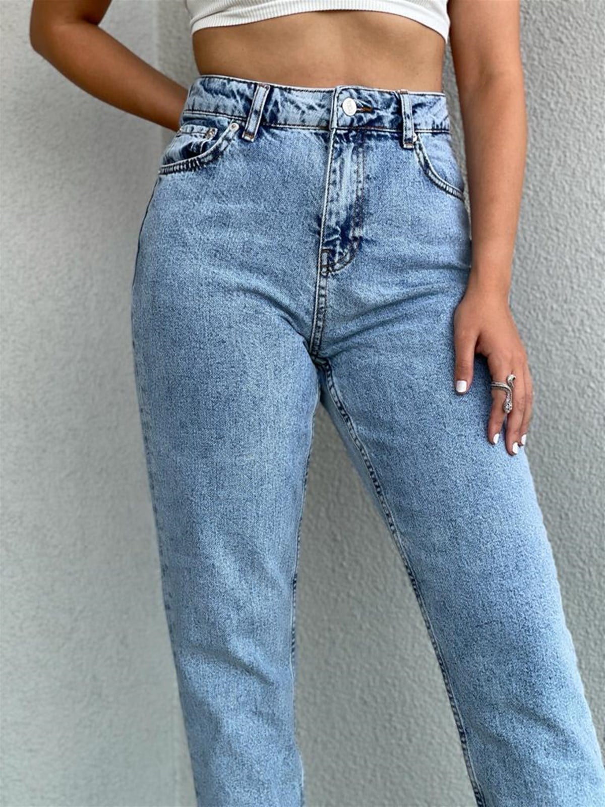 Yüksek Bel Buz Mavisi Mom Jean