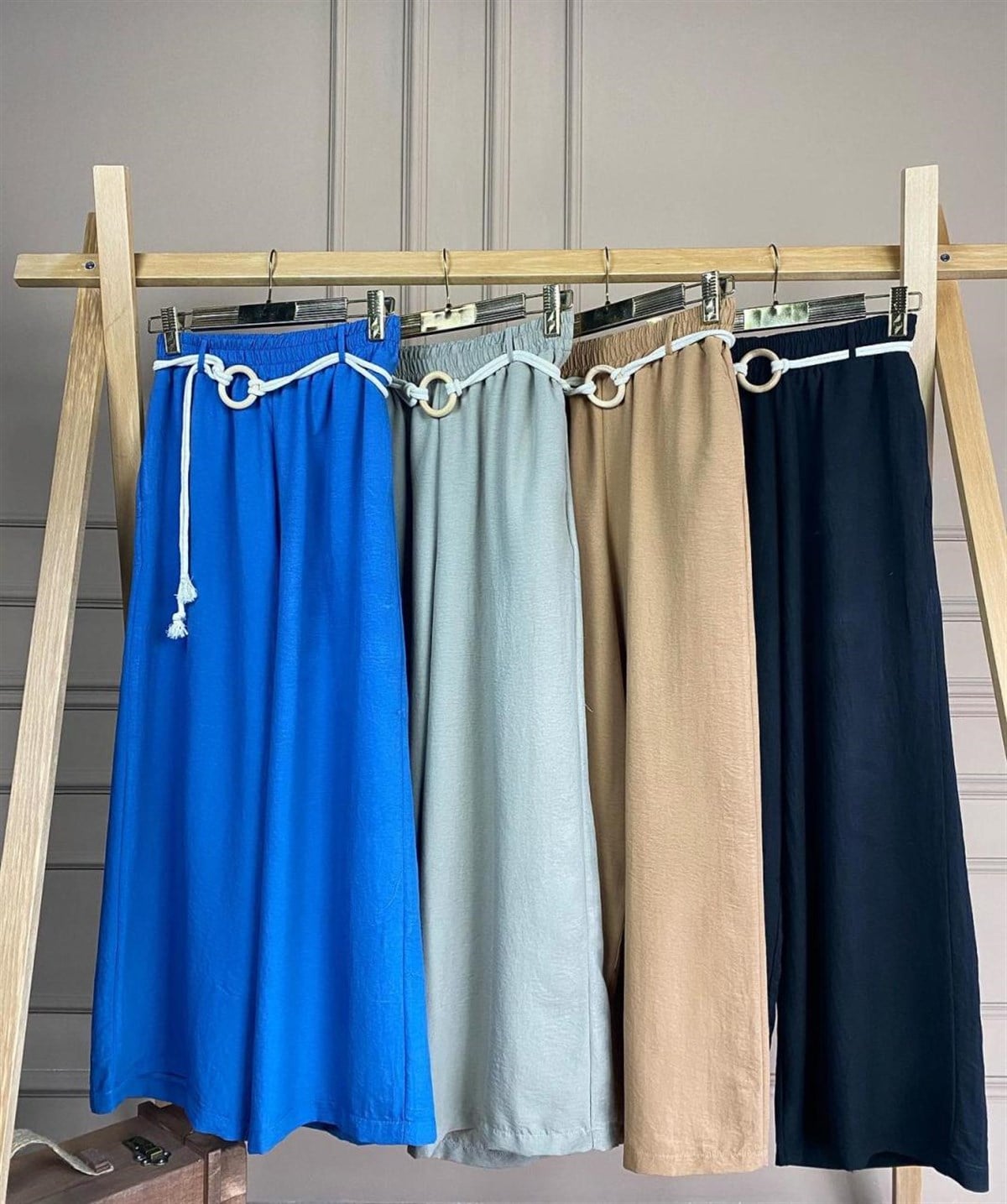 Yüksek Bel Hasır Kemerli Pantolon (İNDİGO & MİNT & CAMEL & SİYAH)