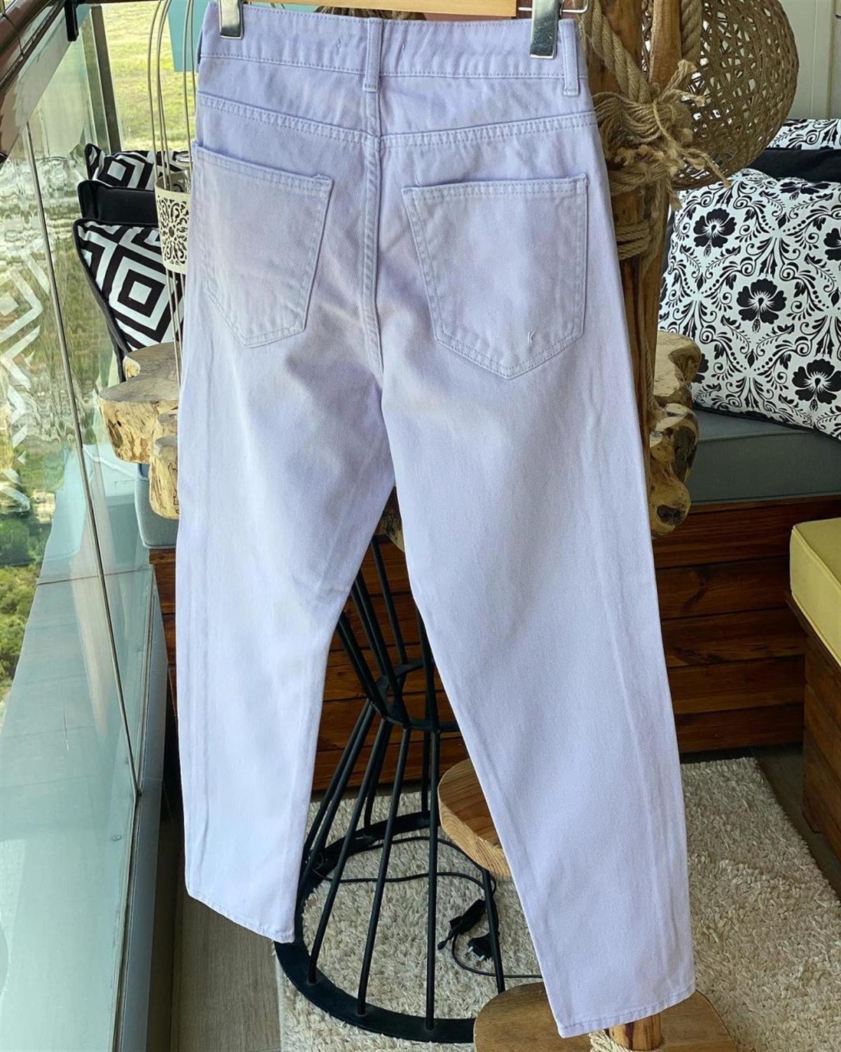 Yüksek Bel Kemerli Mom Jeans (LİLA)