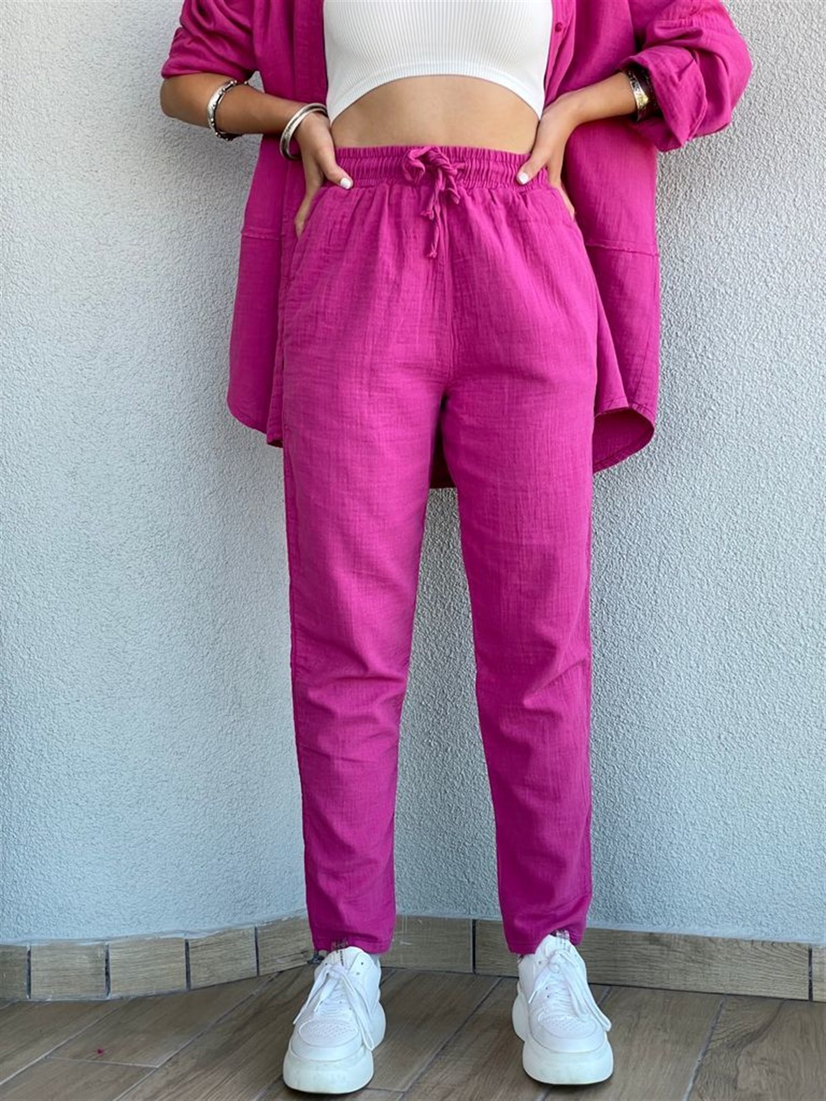 Yüksek Bel Pantolon Gömlek Keten Takım (Pembe)