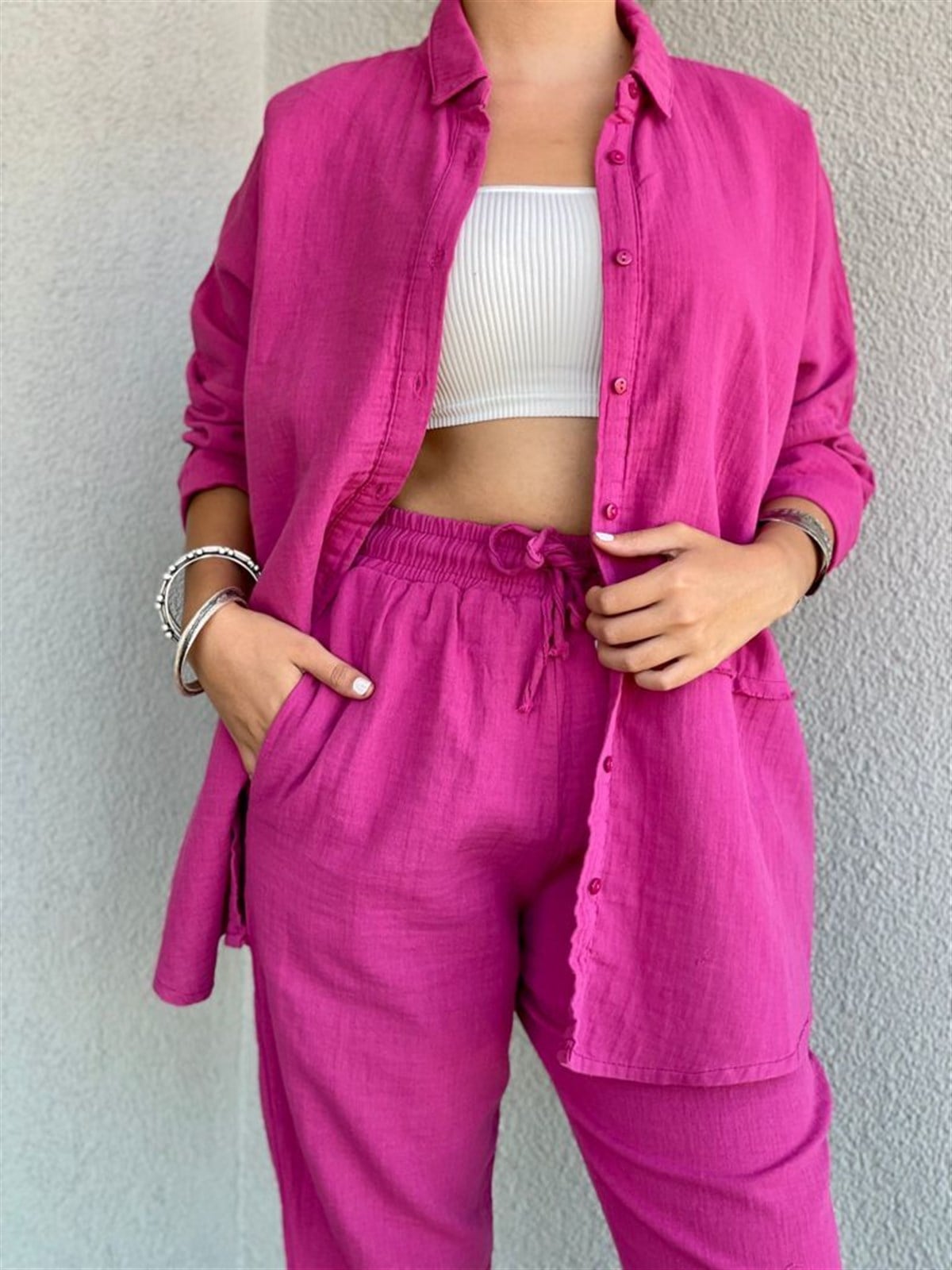 Yüksek Bel Pantolon Gömlek Keten Takım (Pembe)