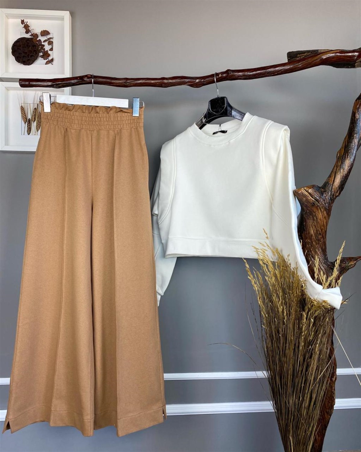 yüksel bel ikişplik kumaş pantolon (camel)
