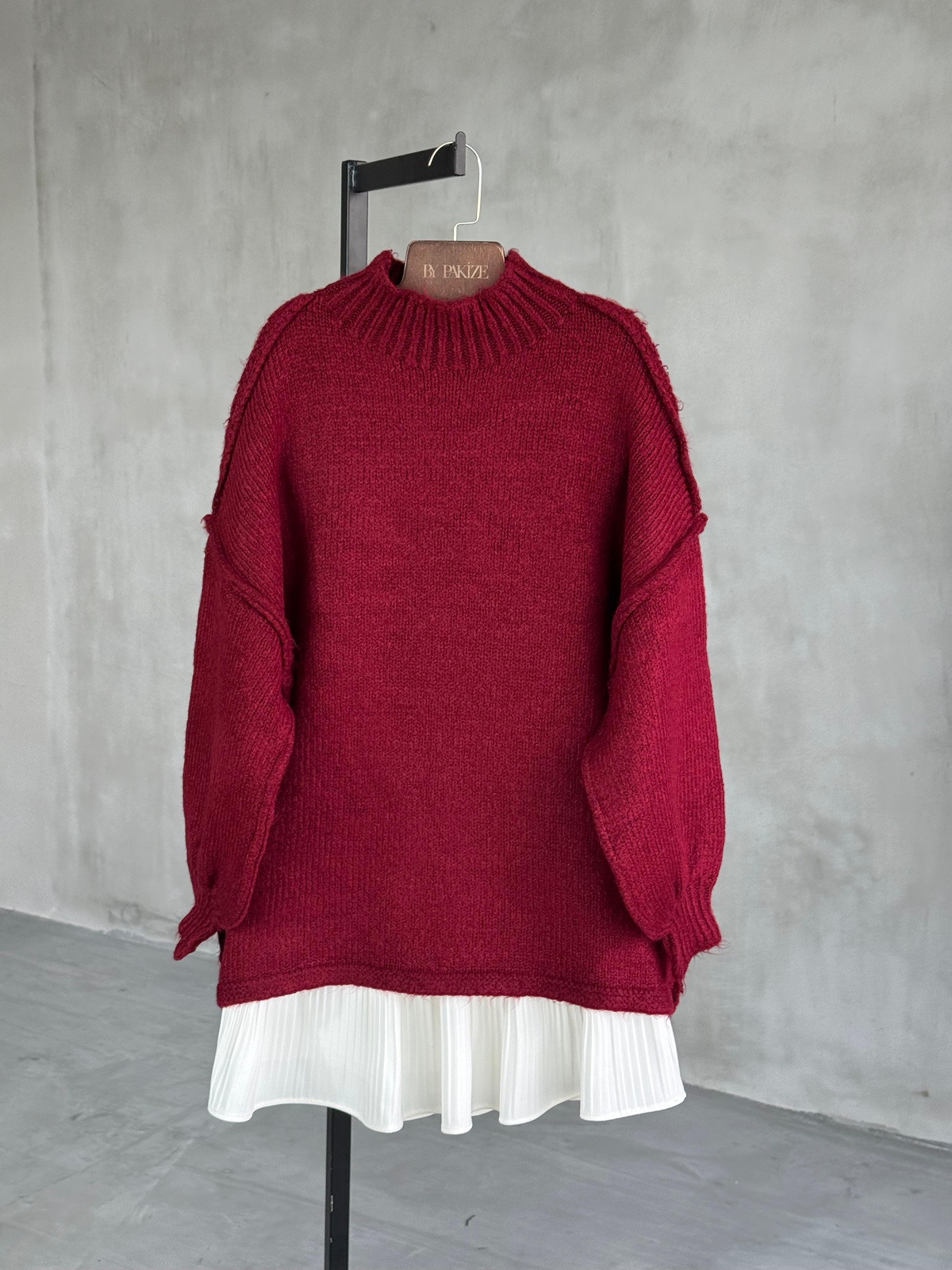 Yumoş Dış Dikişli Oversize Kazak (Bordo)
