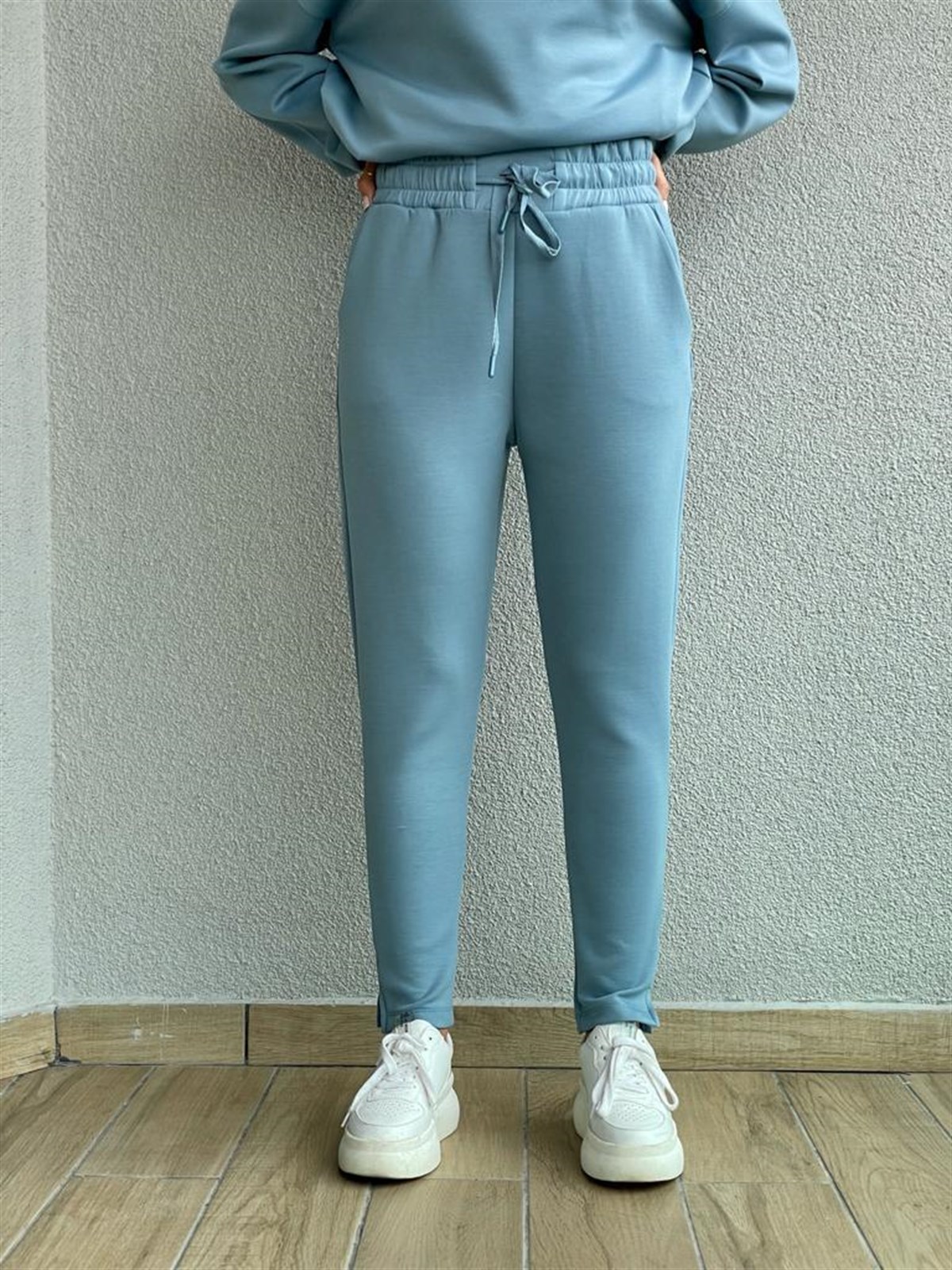 Yumoş Doku Yüksek Bel Jogger Pantolon (Mavi)