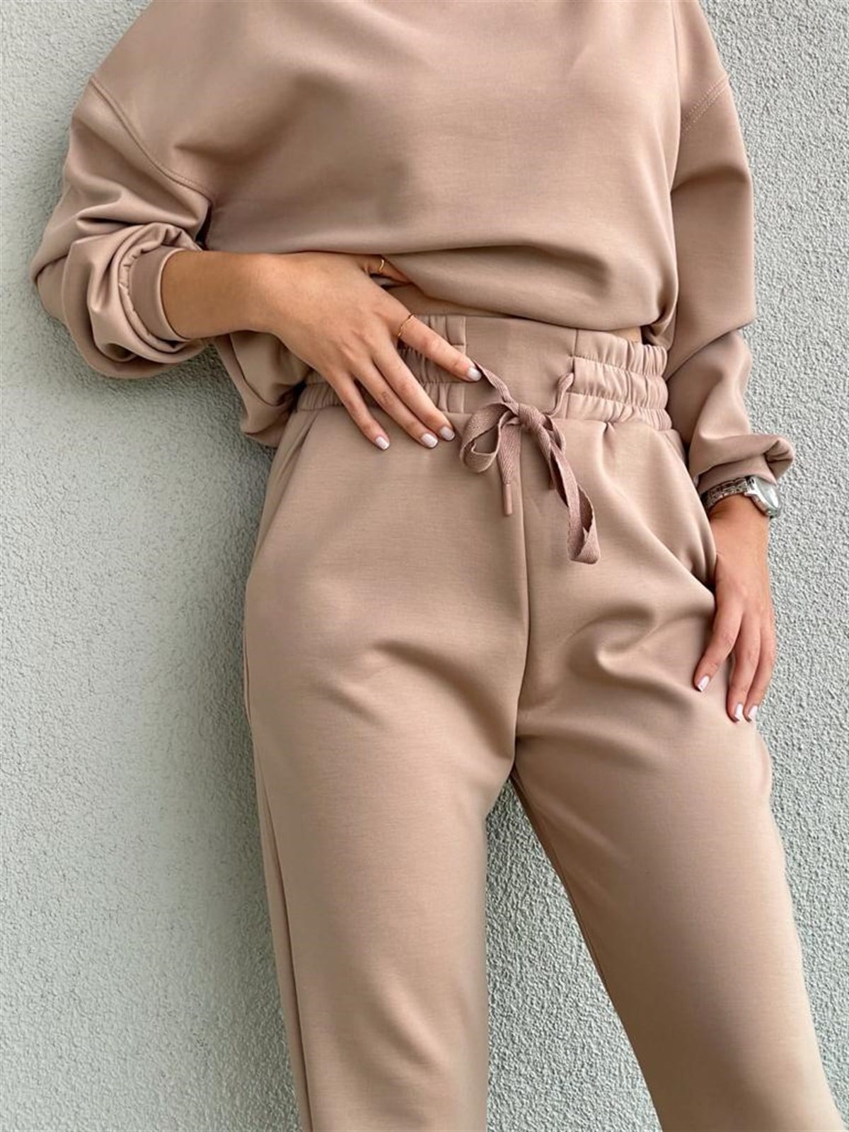 Yumoş Doku Yüksek Bel Jogger Pantolon (Bej)