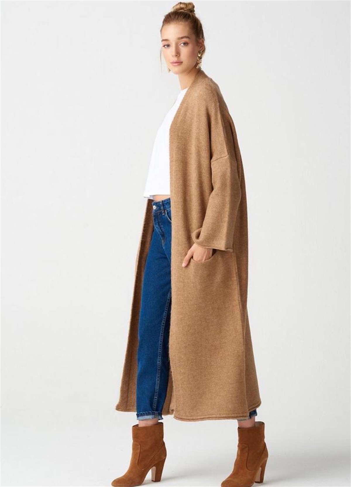 Yumoş Kumaş Kimono Kollu Cepli Uzun Hırka (KARAMEL)