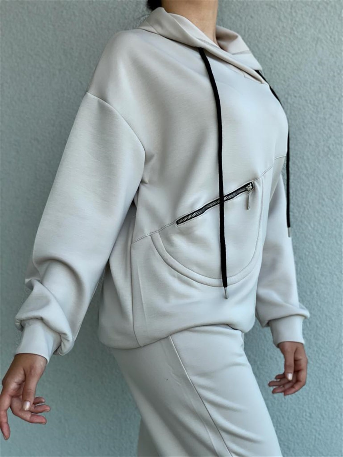 Yumuşak Doku Fermuar Detaylı Sweat (Bej)