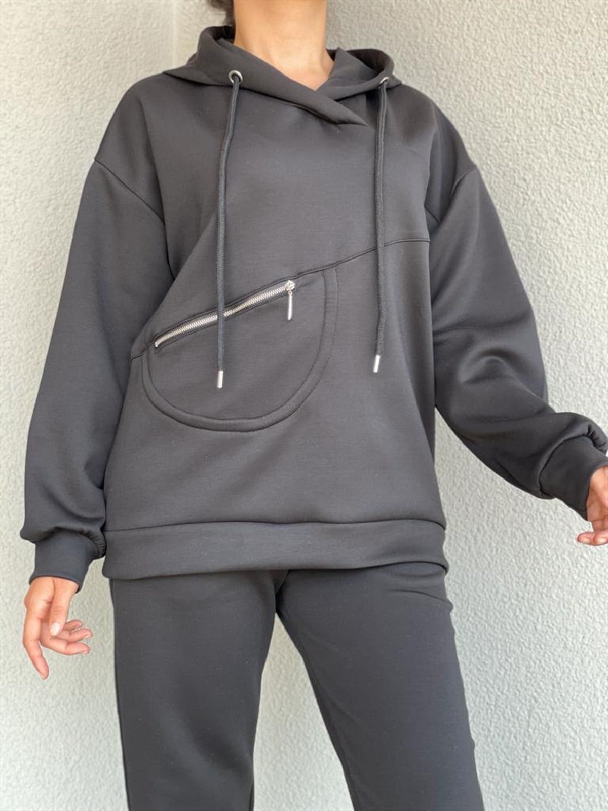 Yumuşak Doku Fermuar Detaylı Sweat (Siyah)