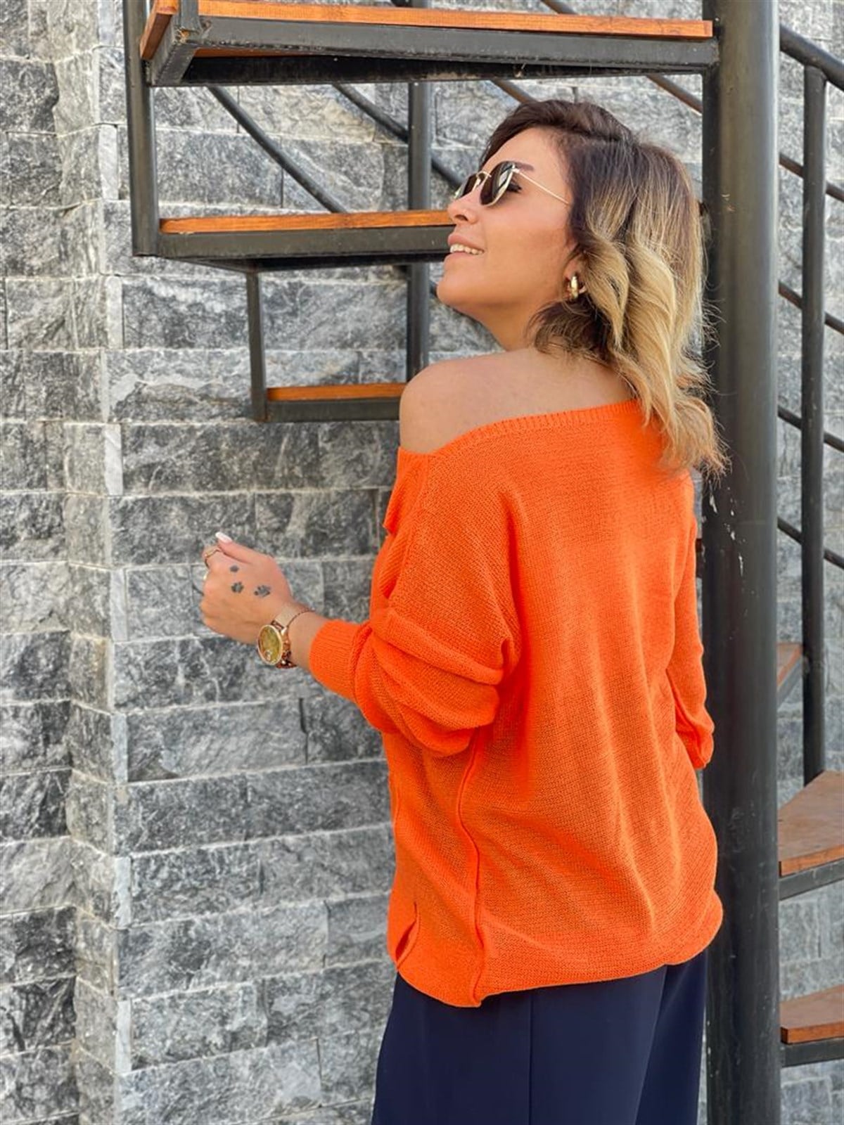 Yuvarlak Kesim Triko Kazak (Oranj)