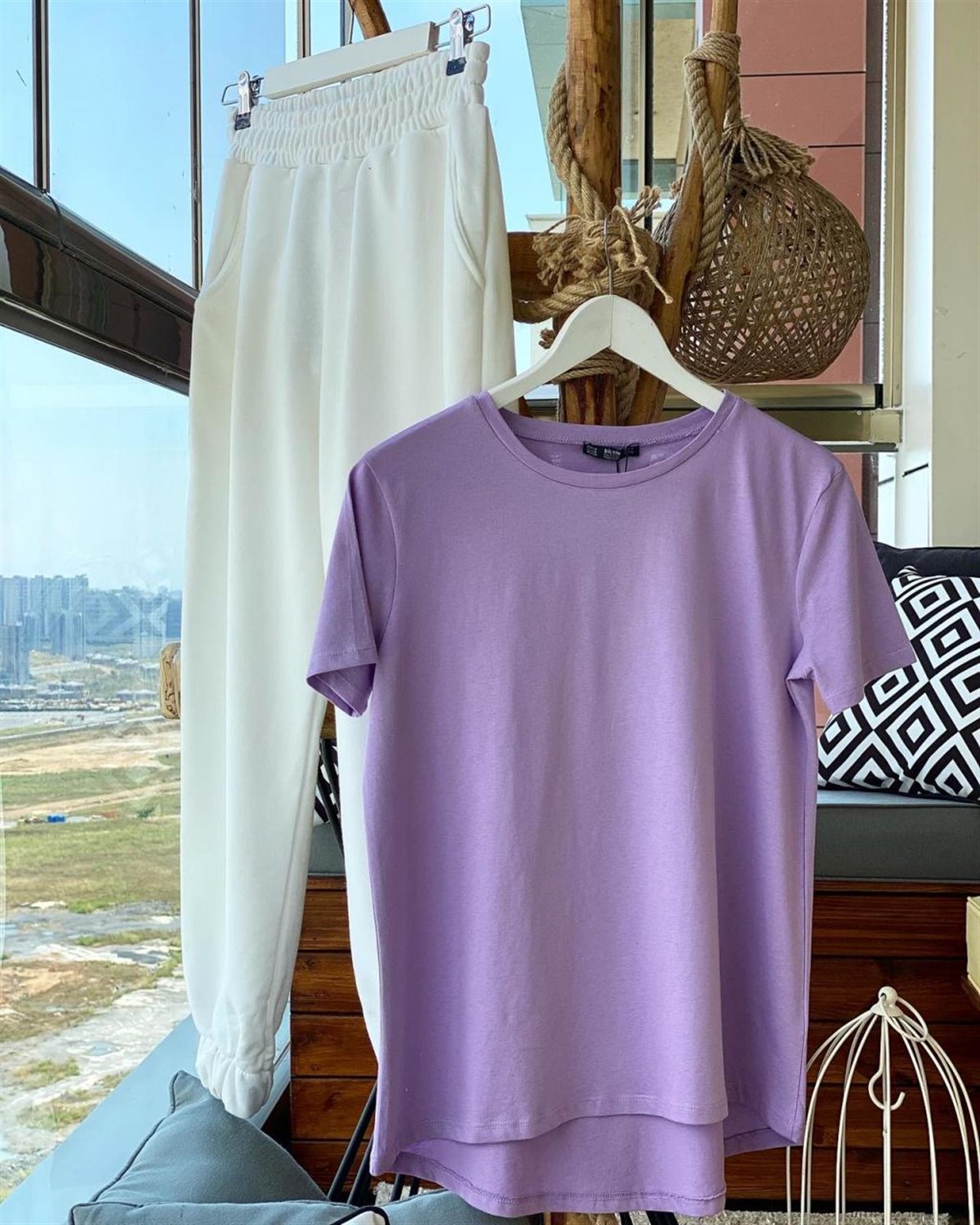 Yuvarlak Yaka Uzun Penye Basic Tshirt  (LİLA)