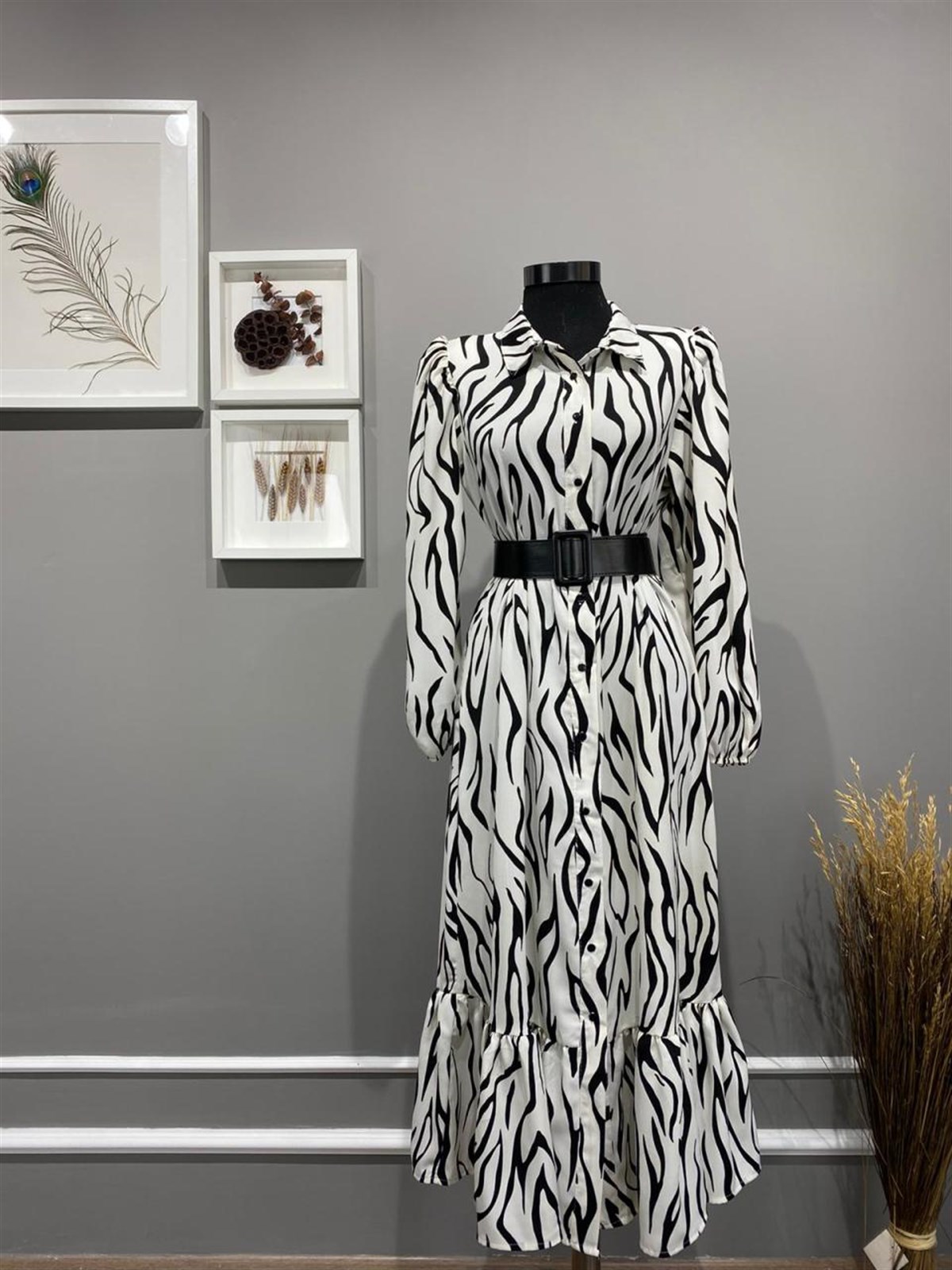 Zebra Desen Altı Fırfırlı Gömlek Elbise