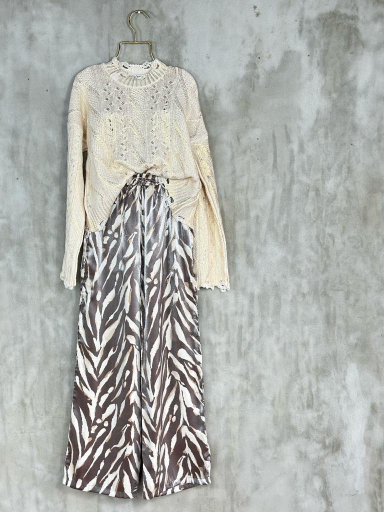 Zebra Desen Bol Paça Lurex Kumaş Pantolon (Kahve)