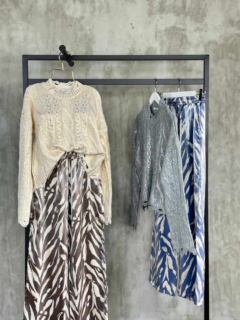 Zebra Desen Bol Paça Lurex Kumaş Pantolon (Kahve)