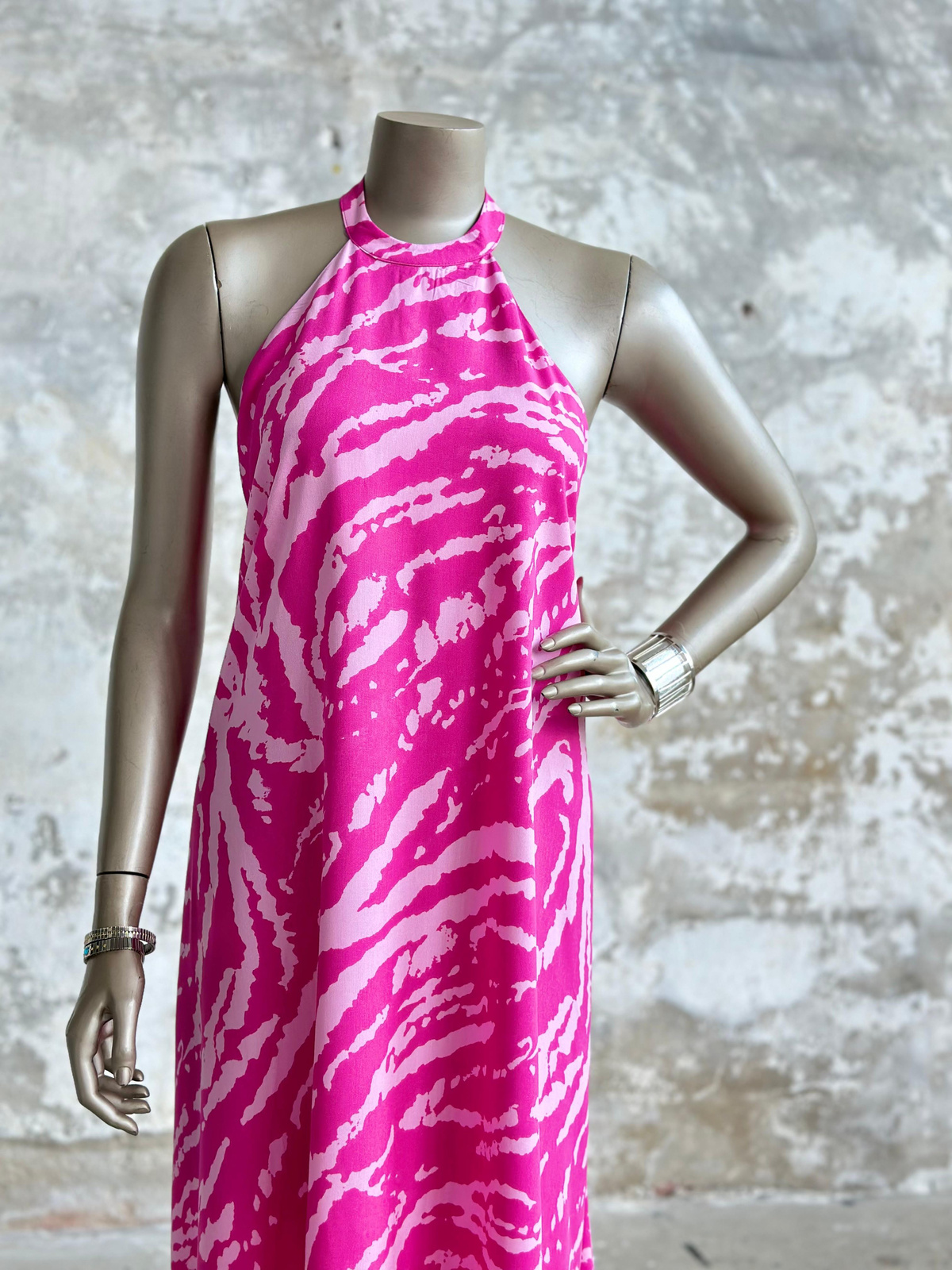 Zebra Desen Halter Yaka Elbise (Pembe)