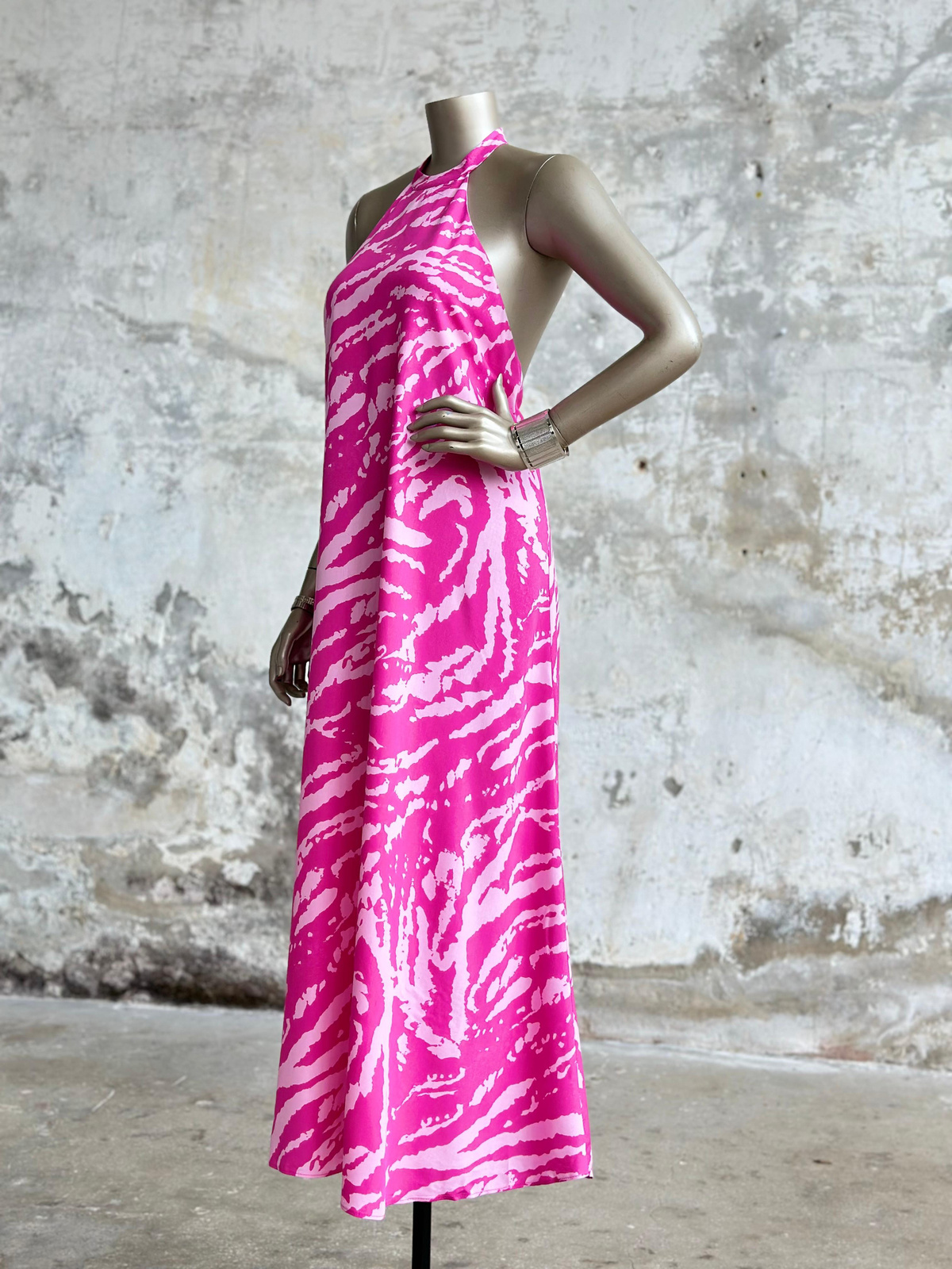 Zebra Desen Halter Yaka Elbise (Pembe)