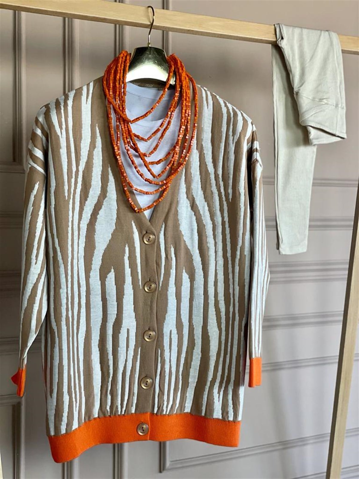 Zebra Desen Oversize Hırka (Camel)