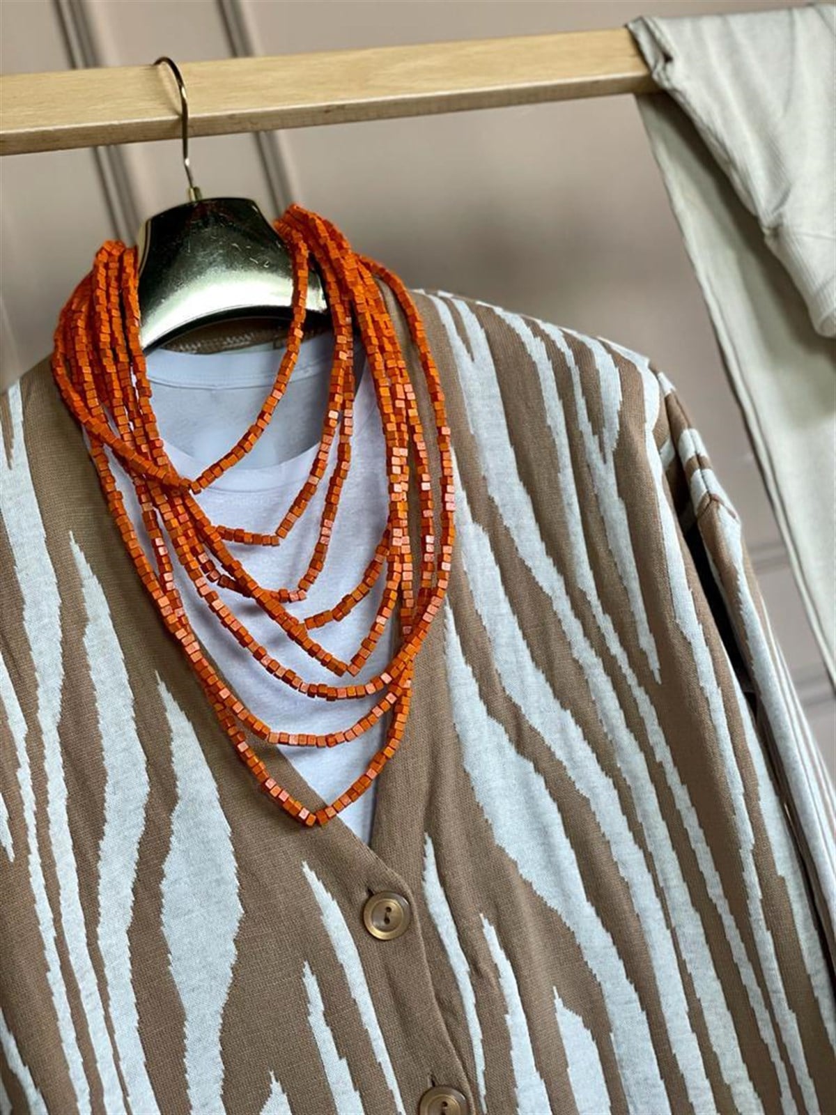 Zebra Desen Oversize Hırka (Camel)