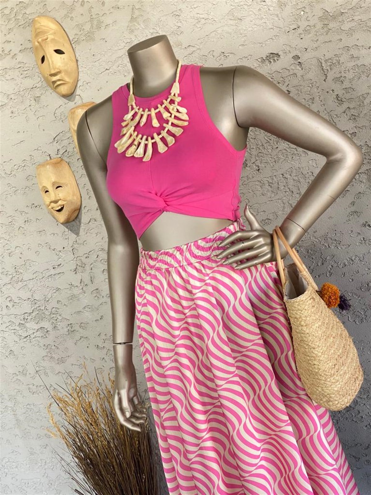 Zebra Desenli Beli Lastikli Etek (Pembe)