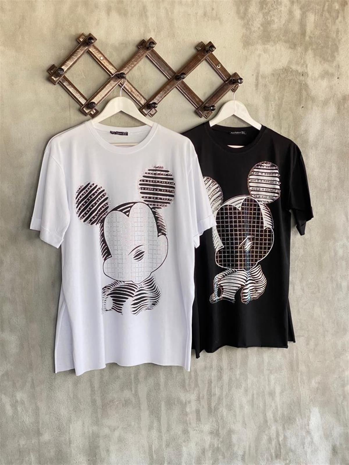 Zımba Boncuk İşlemeli Mickey Mouse Tişört (Beyaz)