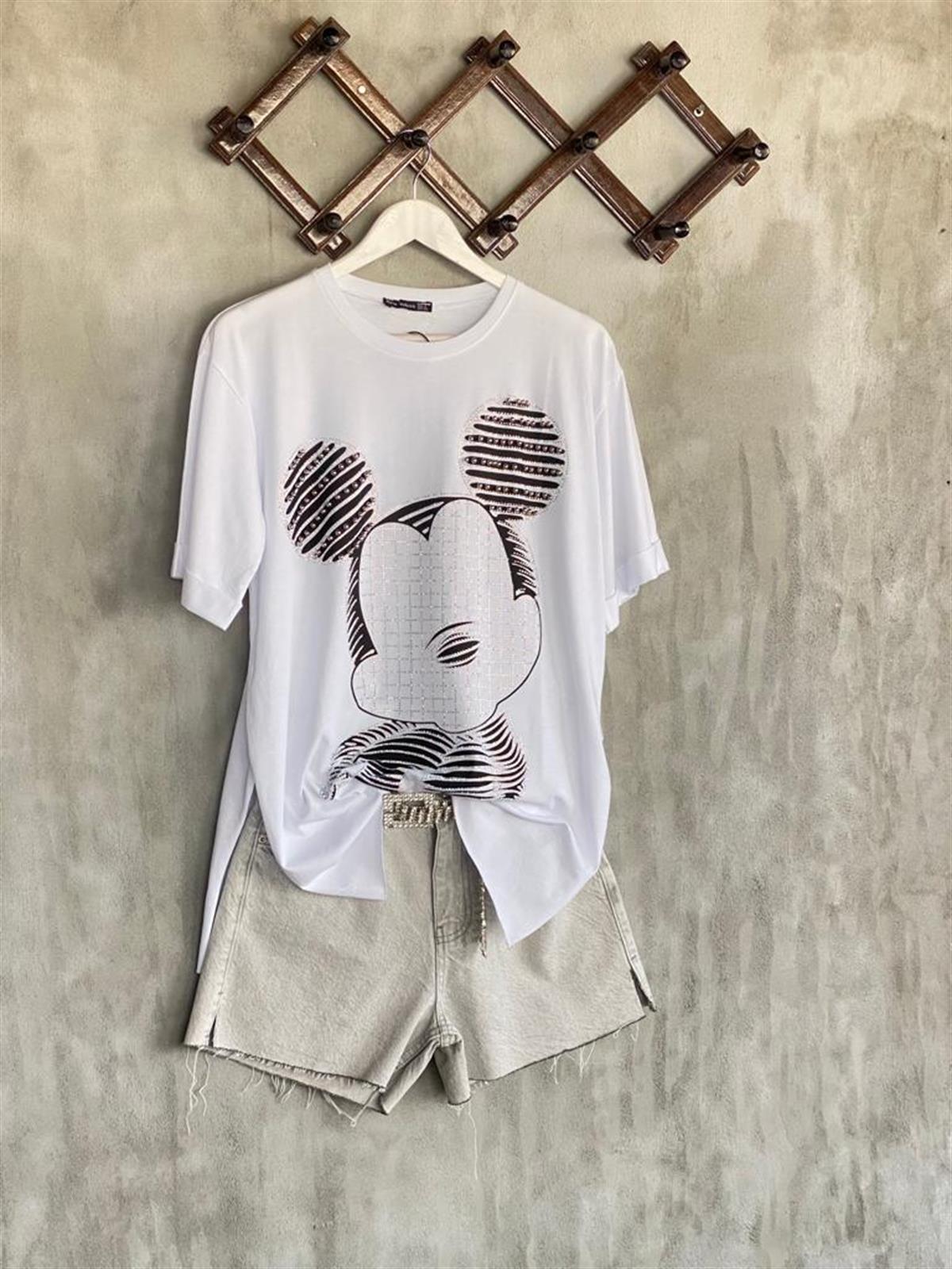 Zımba Boncuk İşlemeli Mickey Mouse Tişört (Beyaz)
