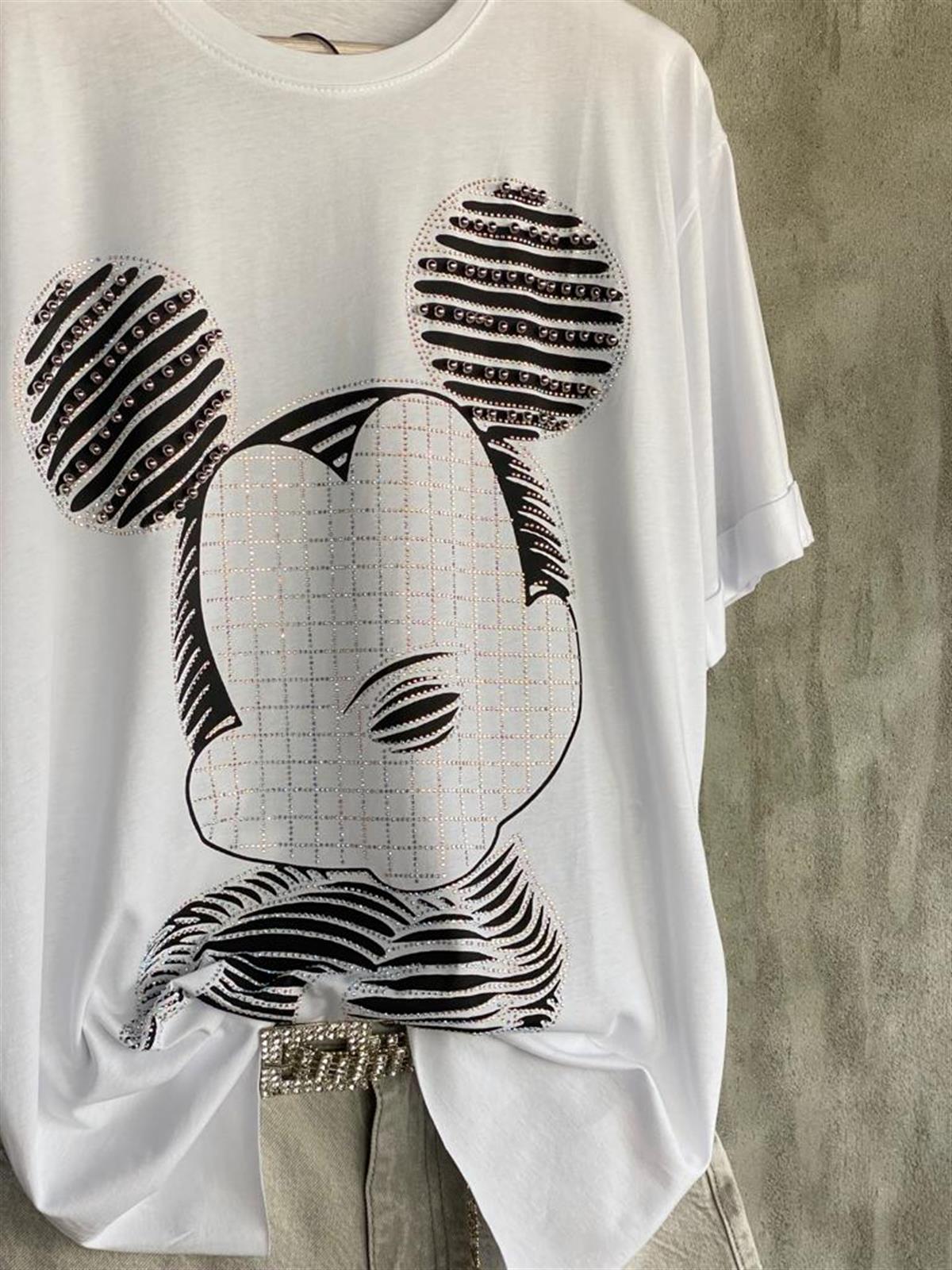 Zımba Boncuk İşlemeli Mickey Mouse Tişört (Beyaz)
