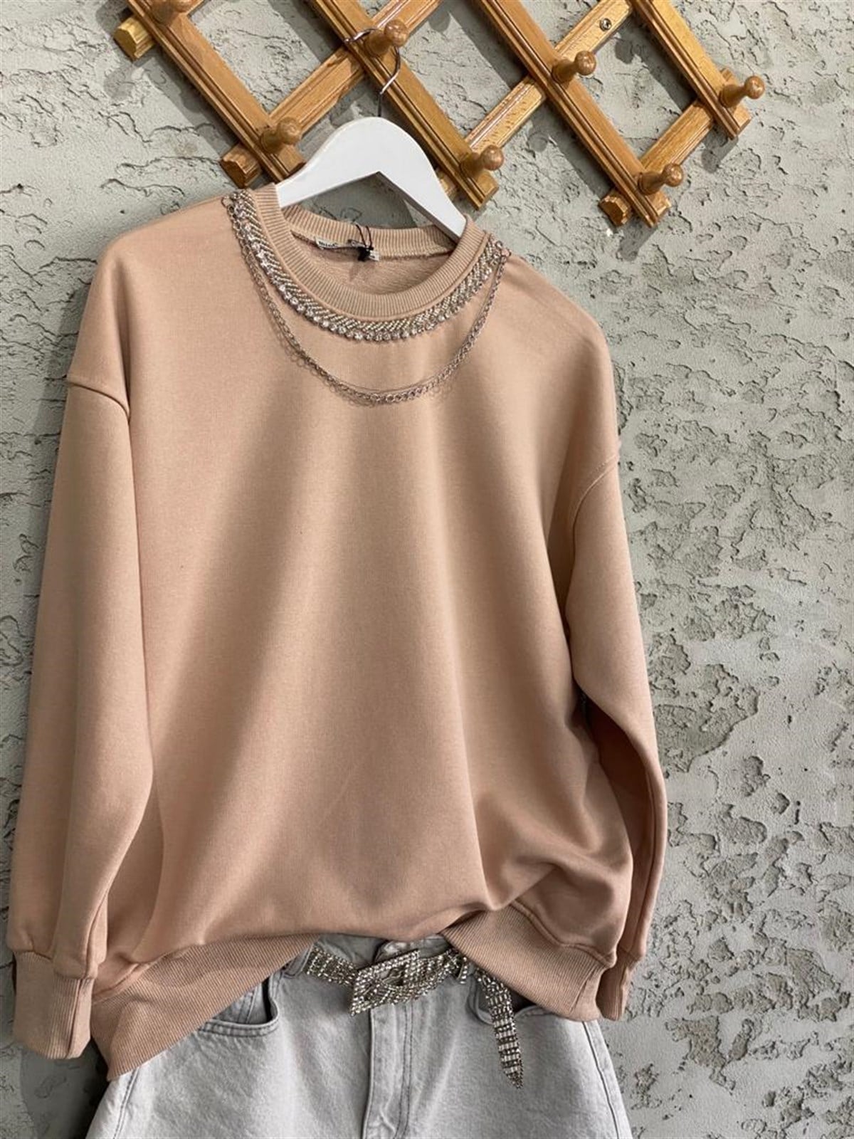 Zirkon Taşlı Zincir Kolyeli Sweat (Bej)