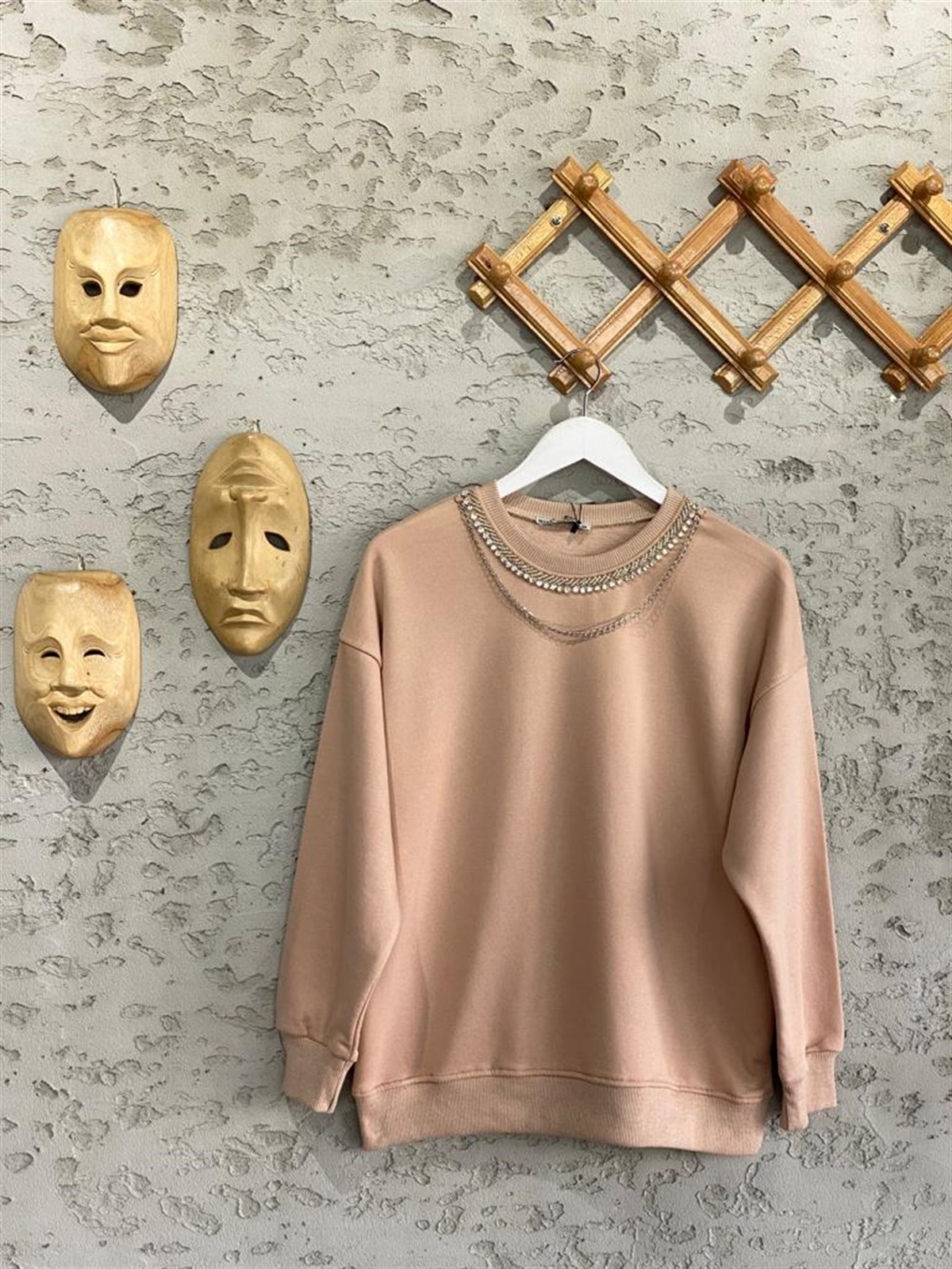 Zirkon Taşlı Zincir Kolyeli Sweat (Bej)