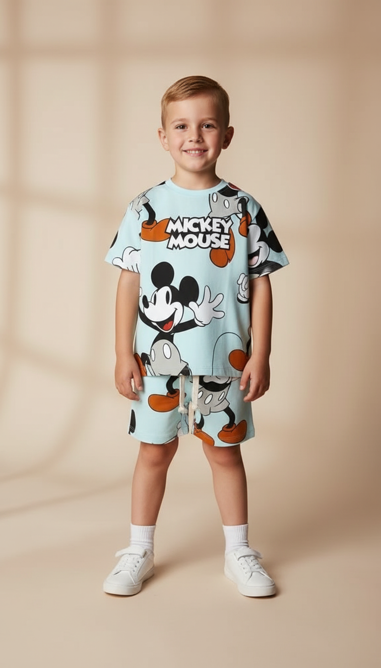 Açık Mavi Mickey Figür Baskılı Şortlu Takım