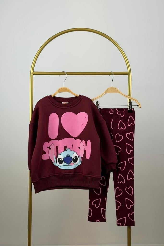 Kalp Stitch Baskılı Taytlı Takım