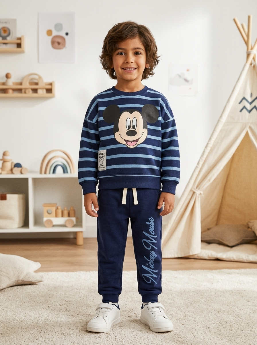Mickey Mouse Baskılı Çizgili Eşofman Takımı